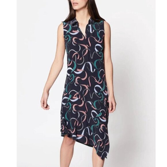 Equipment Silk Sleeveless Shirt Dress Extra Small XS Blue Midi Asymmetric Ribbon - Picture 5 of 6